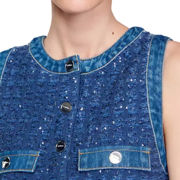 NWT Sandro Denim Glittering Tweed-effect Trapeze Dress Sleeveless Size 36 Small - Picture 4 of 11